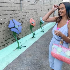 Floral woven Tote with Bamboo Handles